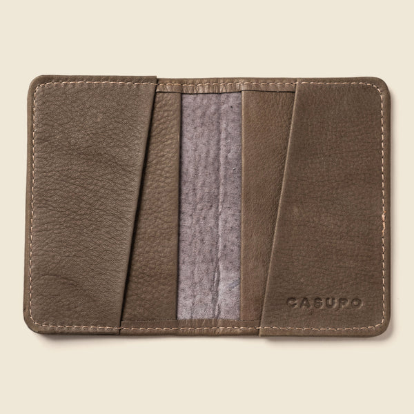 Grey leather compact bifold cardholder with RFID protection