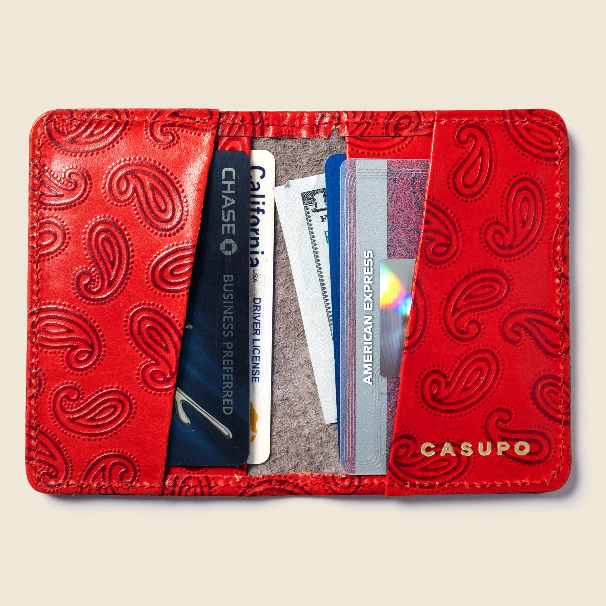 Red paisley leather wallet for women
