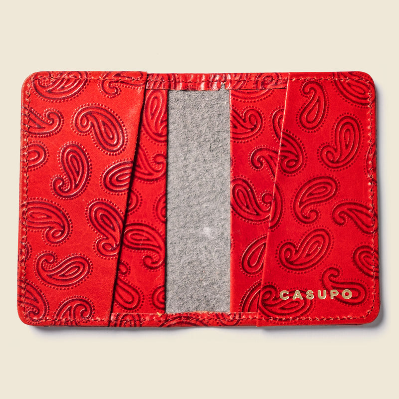 Red paisley leather bifold wallet