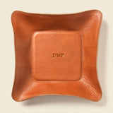 Brown leather tray with monogrammed initials