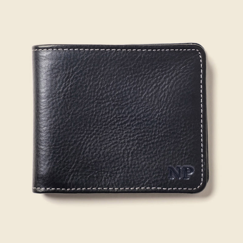 Black leather wallet for men with monogrammed initials